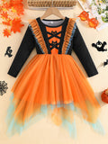 0-3Y Baby Toddler Girl Halloween Bat Print Ruffled Long Sleeve Mesh Dresses