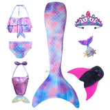 Kid Girls Monofin Swimming Mermaid Cosplay Swimsuit Bikini  7Pcs/Set