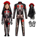 Skeleton Jumpsuit For Girls Halloween Cosplay Costume Ghost Bride Gothic Bodysuit Party Kids Vestidos Clothes