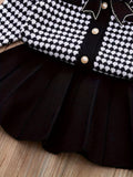 Kid Baby Girl Houndstooth Elegant Suit Long-Sleeve Bow Cardigan 2Pcs Sets