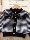 Kid Baby Girl Houndstooth Elegant Suit Long-Sleeve Bow Cardigan 2Pcs Sets