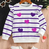 Kid Girls Striped Hearts Pattern Print Ruffle Long Sleeve Round Neck Shirts