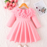 Kid Baby Girl Solid Color Long Sleeve Lace Collar Princess Dress