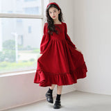 Kid Girl Long Sleeve Solid Color Square Neck Simple Dress