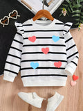 Kid Girls Striped Hearts Pattern Print Ruffle Long Sleeve Round Neck Shirts