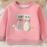 Kid Girls Cartoon Kitty Crew Neck Soft Slight Stretch Cotton Sweatshirt