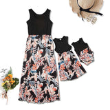Family Matching Mommy and Me Plant Street Print Black White Sleeveless Maxi Tank Dress