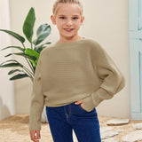 Kids Girl Cozy Oversized Batwing Crewneck Long Sleeve Sweaters