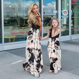 Family Matching Mommy and Me Plant Street Print Black White Sleeveless Maxi Tank Dress