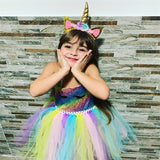 3-8Y Kid Girl Unicorn Wings Headband Rainbow Colorful Party Tutu Dresses