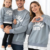 Family Matching Letter Casual Dusty Blue Long Sleeve T-shirt Pullover Tops