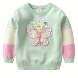 Kid Girl Delight Crew Neck Butterfly Embroidery Sweater Top