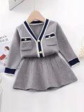 Kid Baby Girl Preppy Cable Knit Cardigan Button Decor V-neck 2 Pcs Sets