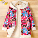 Kid Girls Teddy Fleece Colorful Cartoon Print Thick Winter Warm Zip Hooded Coat