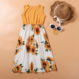 Family Matching Mommy and Me Tie Dye Sunflower Sleeveless Midi Dresses