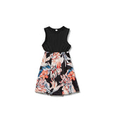 Family Matching Mommy and Me Plant Street Print Black White Sleeveless Maxi Tank Dress