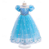 Kids Girls Party Snowflake Short Sleeve Formal Performance  Sequins Mesh Princess Maxi Party Dress