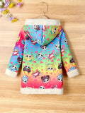 Kid Girls Teddy Fleece Colorful Cartoon Print Thick Winter Warm Zip Hooded Coat