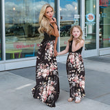 Family Matching Mommy and Me Plant Street Print Black White Sleeveless Maxi Tank Dress