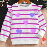 Kid Girls Striped Hearts Pattern Print Ruffle Long Sleeve Round Neck Shirts