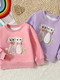 Kid Girls Cartoon Kitty Crew Neck Soft Slight Stretch Cotton Sweatshirt