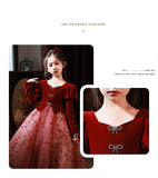 Kid Baby Girls  Velvet Long Sleeve Evening Piano Performance Dresses