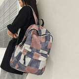 Teen Girls Boys Vintage Denim Patchwork Backpack Trendy School Bag Back to School