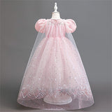 Kids Girls Party Snowflake Short Sleeve Formal Performance  Sequins Mesh Princess Maxi Party Dress