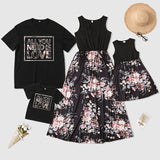 Family Matching Mommy and Me Plant Street Print Black White Sleeveless Maxi Tank Dress