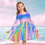 Kids Girls Rainbow Mermaid Long Sleeve Casual Daily Swing Dresses