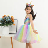 3-8Y Kid Girl Unicorn Wings Headband Rainbow Colorful Party Tutu Dresses