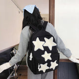 Kids Black Backpack with White Star Patches Cute School Bag for Girls and Boys