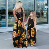 Family Matching Mommy and Me Tie Dye Sunflower Sleeveless Midi Dresses
