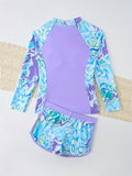 Kids Girl Swimsuit Outdoor Beach Graphic Leaf Sports Bathing Suits