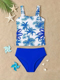 Kids Girls Swimsuit Outdoor Beach Graphic Leaf Vacation Bathing Suits