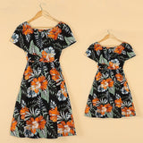 Family Matching Floral Graphic Casual Print Short Sleeve Knee-length Dresses
