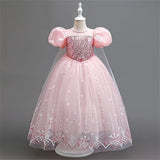 Kids Girls Party Snowflake Short Sleeve Formal Performance  Sequins Mesh Princess Maxi Party Dress