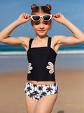 Kids Girls Swimsuit Outdoor Beach Graphic Leaf Vacation Bathing Suits