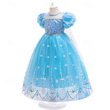Kids Girls Party Snowflake Short Sleeve Formal Performance  Sequins Mesh Princess Maxi Party Dress