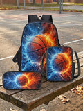 Kid Basketball Polyester Large Capacity Print Backpack Lunch Bag Pencil Case 3-Piece Set