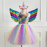 3-8Y Kid Girl Unicorn Wings Headband Rainbow Colorful Party Tutu Dresses