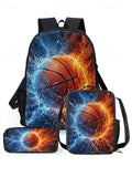 Kid Basketball Polyester Large Capacity Print Backpack Lunch Bag Pencil Case 3-Piece Set