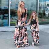 Family Matching Mommy and Me Plant Street Print Black White Sleeveless Maxi Tank Dress