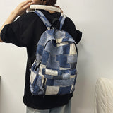 Teen Girls Boys Vintage Denim Patchwork Backpack Trendy School Bag Back to School