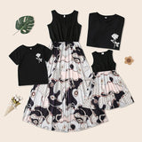 Family Matching Mommy and Me Plant Street Print Black White Sleeveless Maxi Tank Dress
