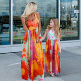 Family Matching Mommy and Me Tie Dye Sunflower Sleeveless Midi Dresses