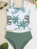 Kids Girls Swimsuit Outdoor Beach Graphic Leaf Vacation Bathing Suits