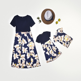Family Matching Parent-child Summer Round Collar Short Sleeve Flower Swing Dresses