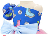 Kid Baby Girl Oblique Print Splicing Bow Mesh Gauze Dresses