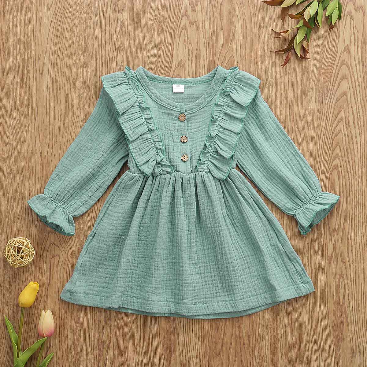 Toddler Kids Baby Girl Ruffles Long Sleeve Solid  Linen Casual Dress 1-6Y